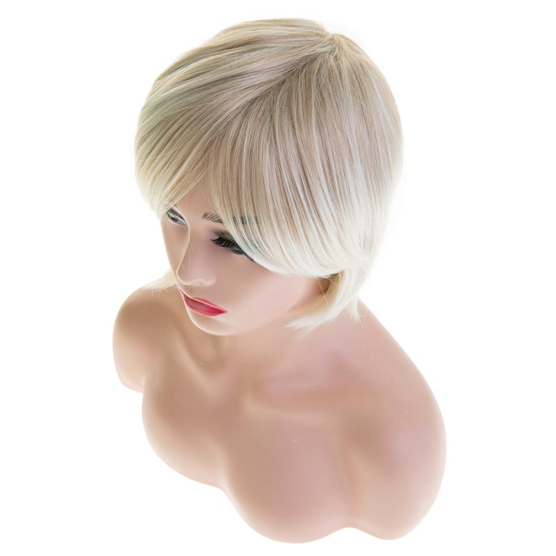 Baruisi Short Blonde Wigs for White Women Synthetic Side Part Straight Bob Wig Halloween Party Cosplay Hair with Cap - Image 3